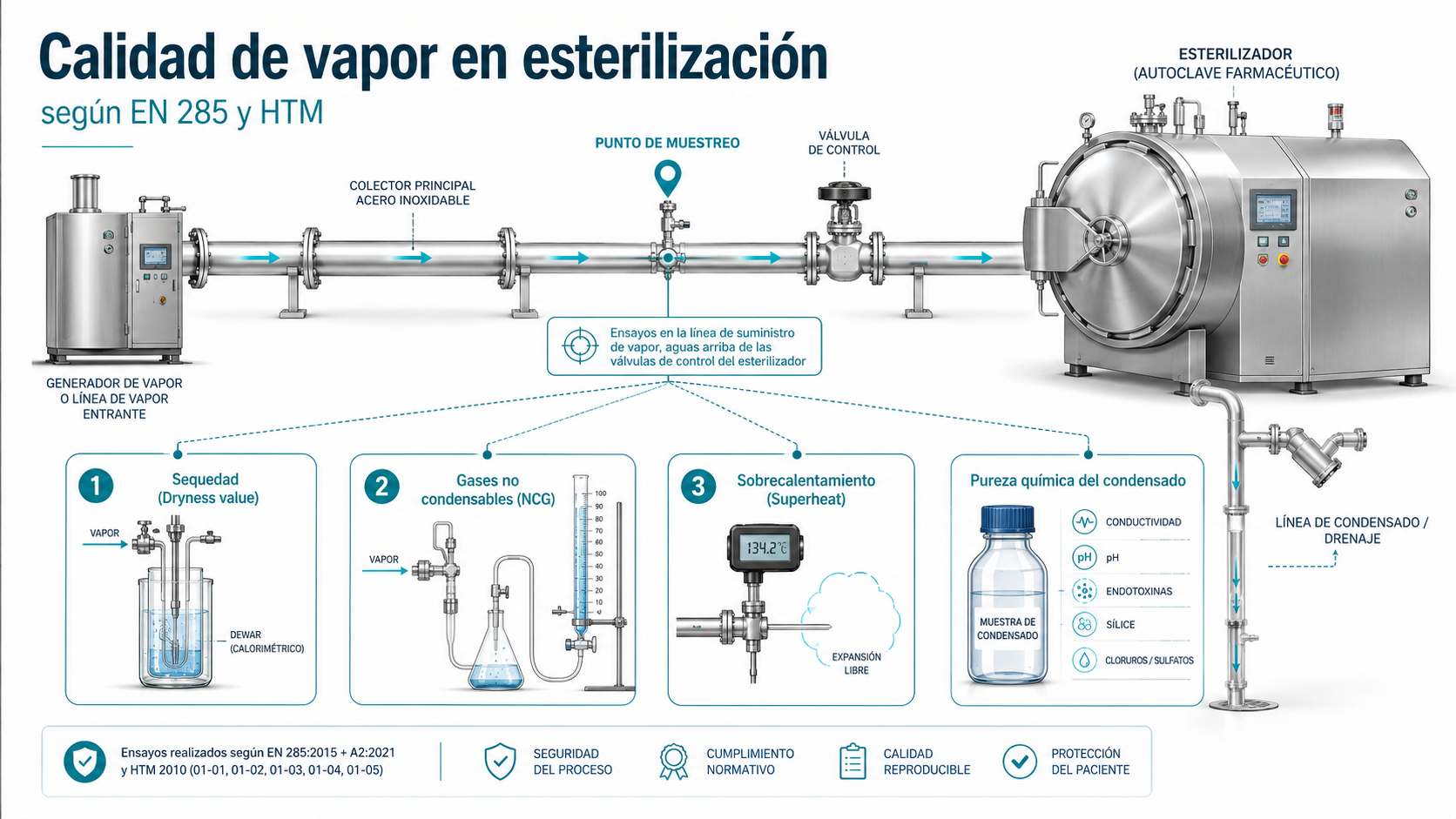 Diagrama: Calidad de vapor en esterilización según EN 285 y HTM